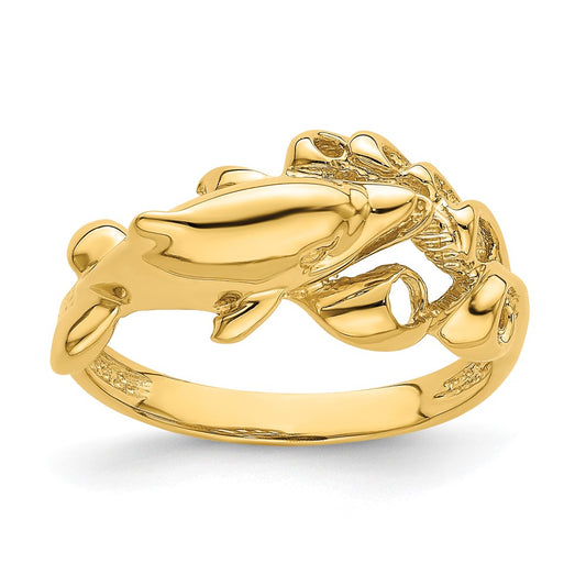 14K Yellow Gold Polished Dolphin Swimming Into Waves Ring