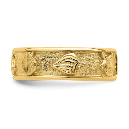 14K Yellow Gold Polished /Textured Shell Solid Band