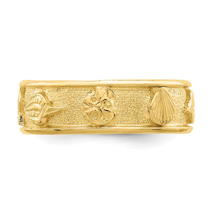 14K Yellow Gold Polished /Textured Shell Solid Band