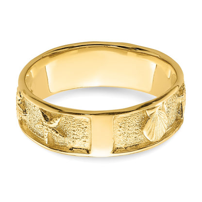 14K Yellow Gold Polished /Textured Shell Solid Band