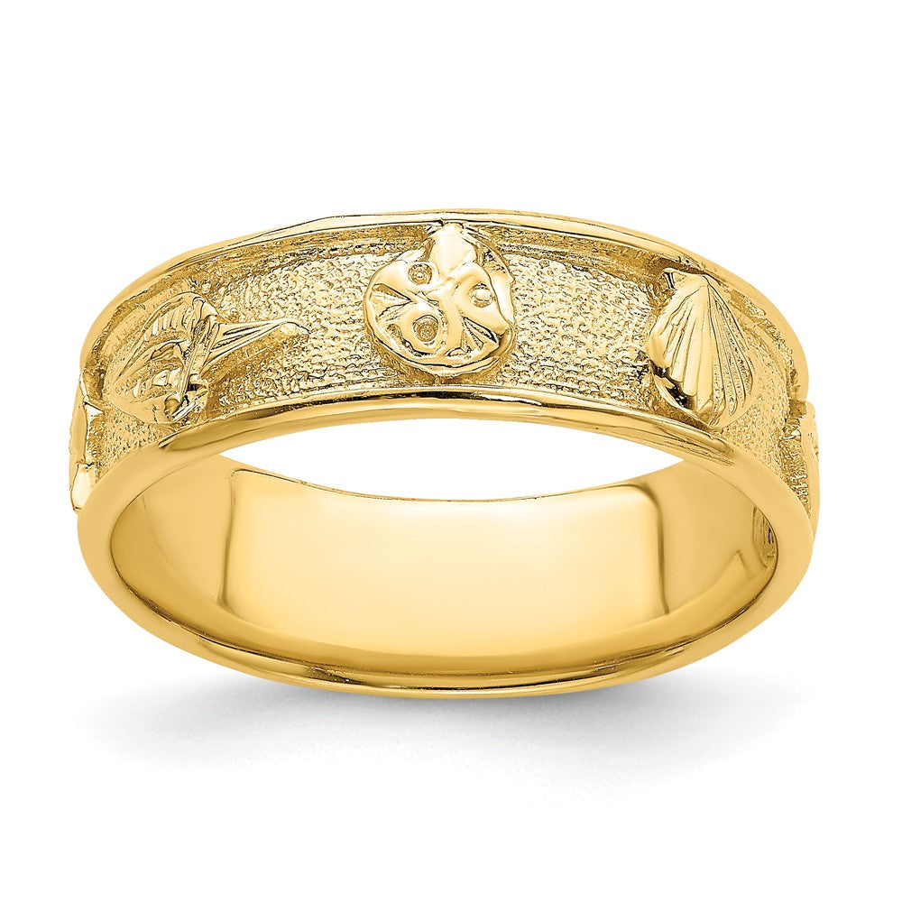 14K Yellow Gold Polished /Textured Shell Solid Band