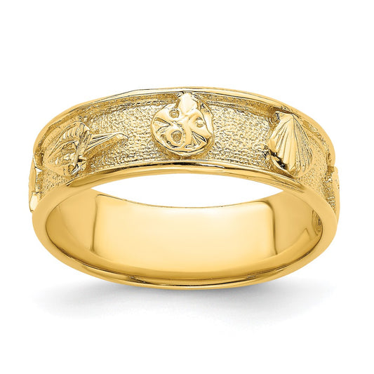14K Yellow Gold Polished /Textured Shell Solid Band