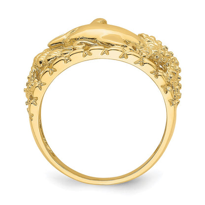 14K Yellow Gold Dolphin and Sand Dollar Ring