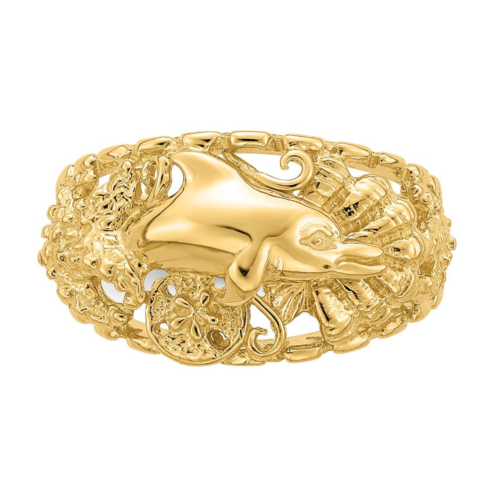 14K Yellow Gold Dolphin and Sand Dollar Ring