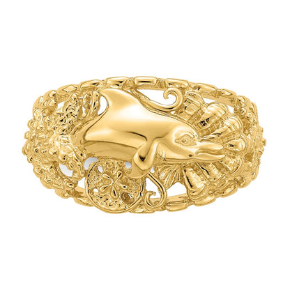 14K Yellow Gold Dolphin and Sand Dollar Ring