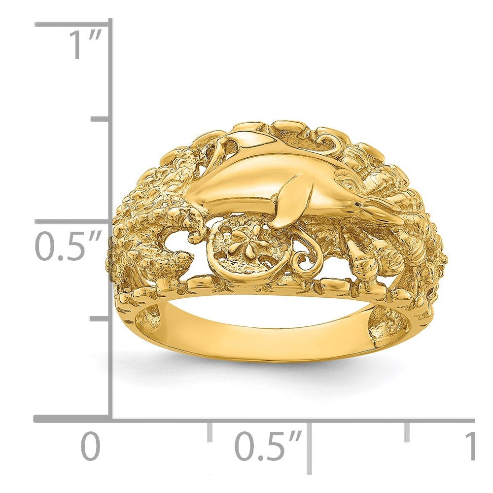14K Yellow Gold Dolphin and Sand Dollar Ring