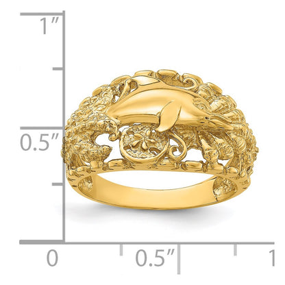 14K Yellow Gold Dolphin and Sand Dollar Ring