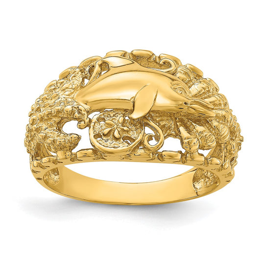 14K Yellow Gold Dolphin and Sand Dollar Ring