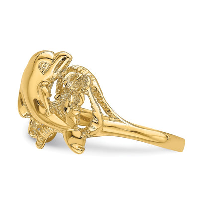 14K Yellow Gold Polished Two Plumeria Flowers w/ Dolphin Ring