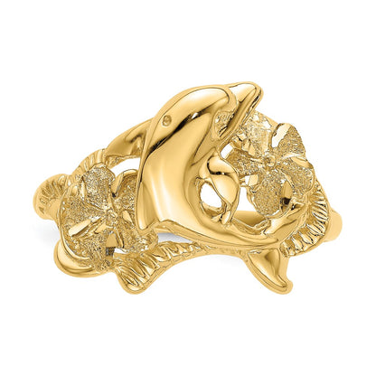 14K Yellow Gold Polished Two Plumeria Flowers w/ Dolphin Ring