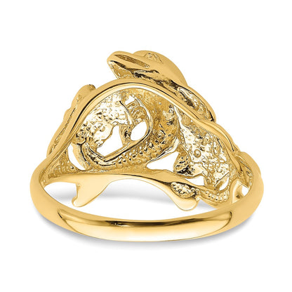 14K Yellow Gold Polished Two Plumeria Flowers w/ Dolphin Ring