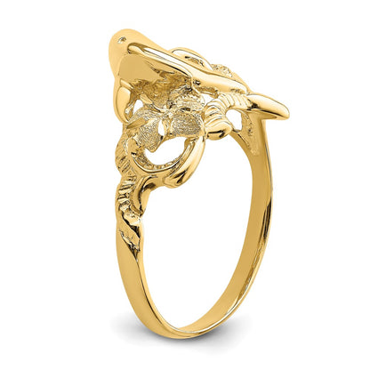 14K Yellow Gold Polished Two Plumeria Flowers w/ Dolphin Ring