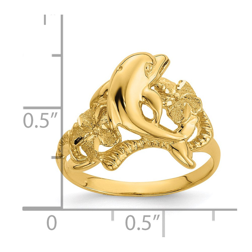 14K Yellow Gold Polished Two Plumeria Flowers w/ Dolphin Ring
