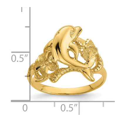 14K Yellow Gold Polished Two Plumeria Flowers w/ Dolphin Ring