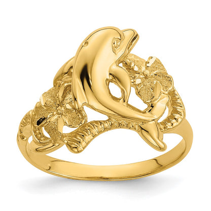 14K Yellow Gold Polished Two Plumeria Flowers w/ Dolphin Ring