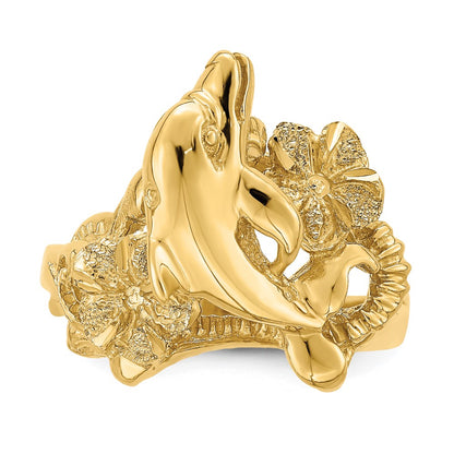 14K Yellow Gold Plumeria w/ Jumping Dolphins Ring