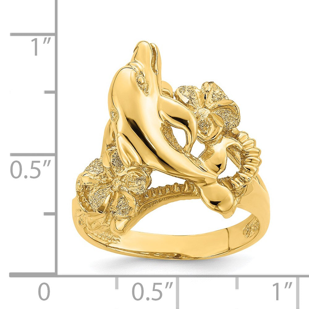 14K Yellow Gold Plumeria w/ Jumping Dolphins Ring