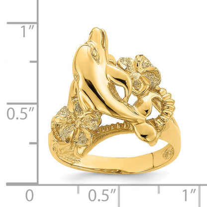 14K Yellow Gold Plumeria w/ Jumping Dolphins Ring
