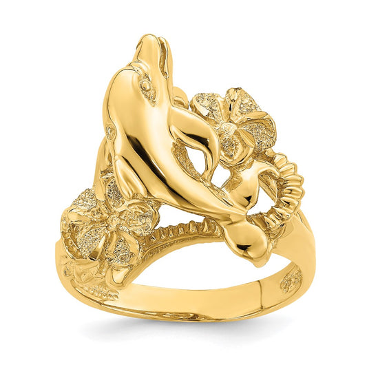 14K Yellow Gold Plumeria w/ Jumping Dolphins Ring