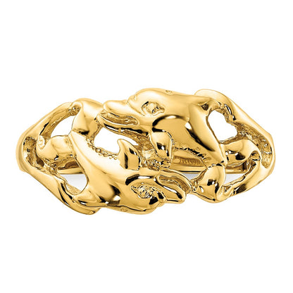 14K Yellow Gold Polished Double Dolphins Swimming Ring
