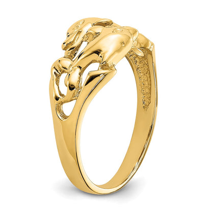 14K Yellow Gold Polished Double Dolphins Swimming Ring