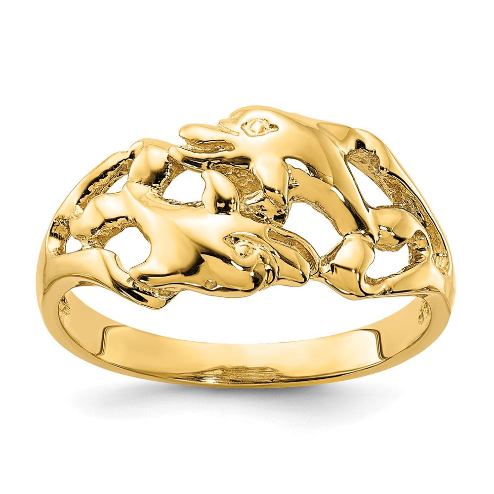 14K Yellow Gold Polished Double Dolphins Swimming Ring