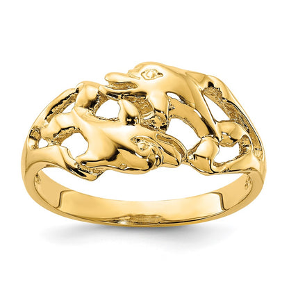 14K Yellow Gold Polished Double Dolphins Swimming Ring