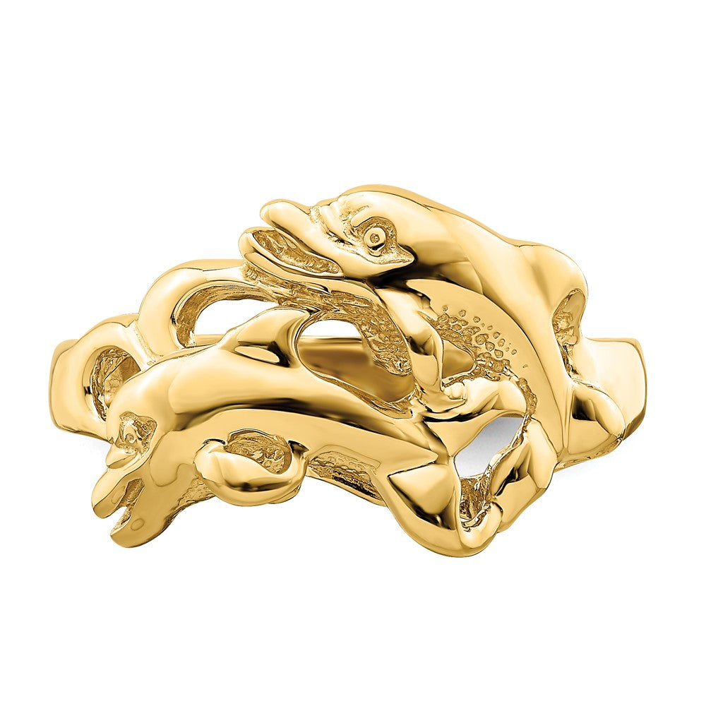 14K Yellow Gold Polished Dolphins Swimming Ring