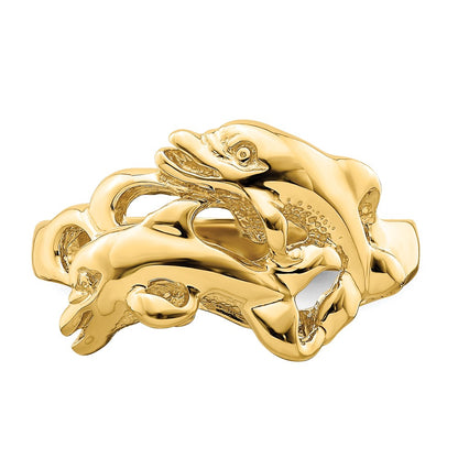 14K Yellow Gold Polished Dolphins Swimming Ring