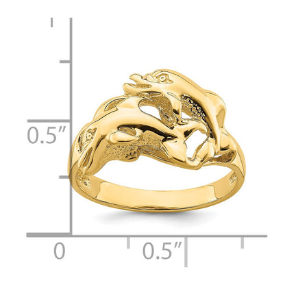 14K Yellow Gold Polished Dolphins Swimming Ring