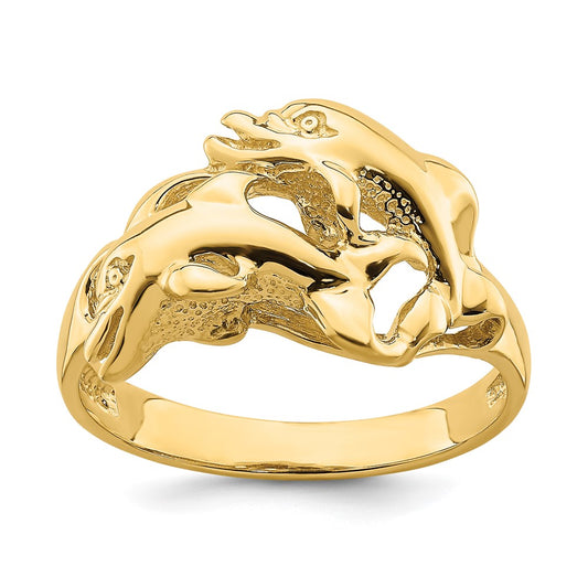 14K Yellow Gold Polished Dolphins Swimming Ring