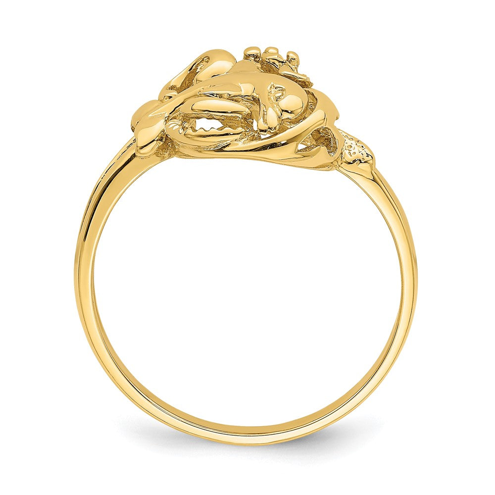 14K Yellow Gold Dolphin and Plumeria In Wave Ring