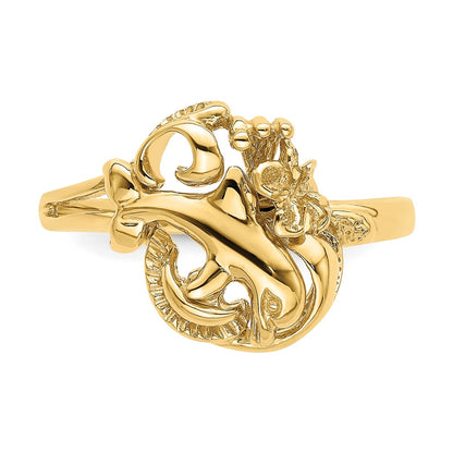 14K Yellow Gold Dolphin and Plumeria In Wave Ring