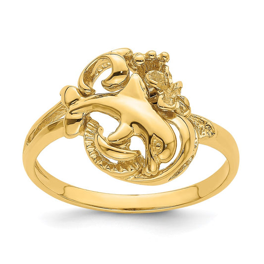 14K Yellow Gold Dolphin and Plumeria In Wave Ring