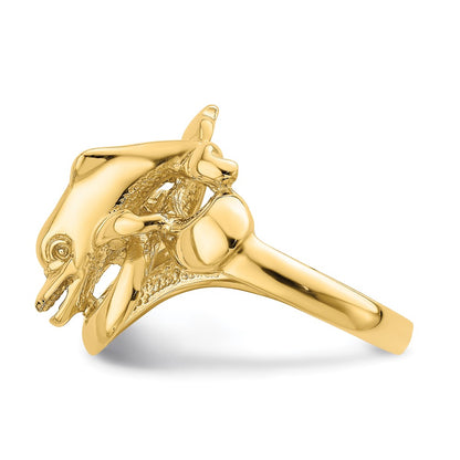 14K Yellow Gold Polished Dolphin Swimming On Waves Pattern Ring