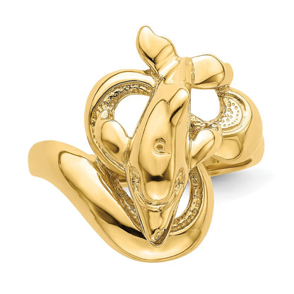 14K Yellow Gold Polished Dolphin Swimming On Waves Pattern Ring