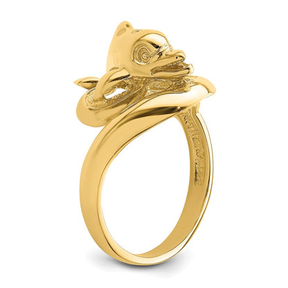 14K Yellow Gold Polished Dolphin Swimming On Waves Pattern Ring