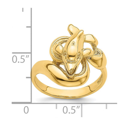14K Yellow Gold Polished Dolphin Swimming On Waves Pattern Ring