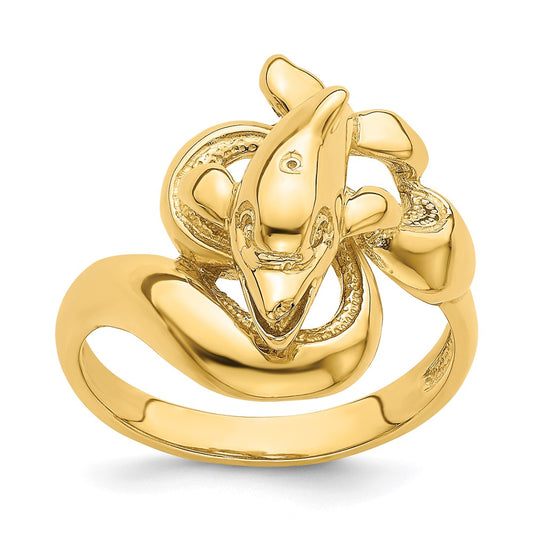 14K Yellow Gold Polished Dolphin Swimming On Waves Pattern Ring