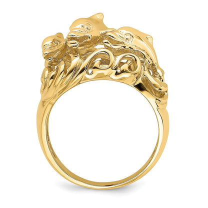 14K Yellow Gold Polished Dolphins In Waves Ring