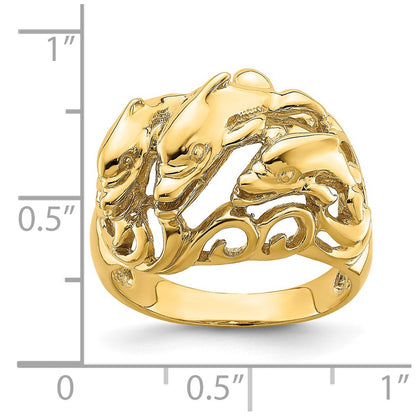 14K Yellow Gold Polished Dolphins In Waves Ring