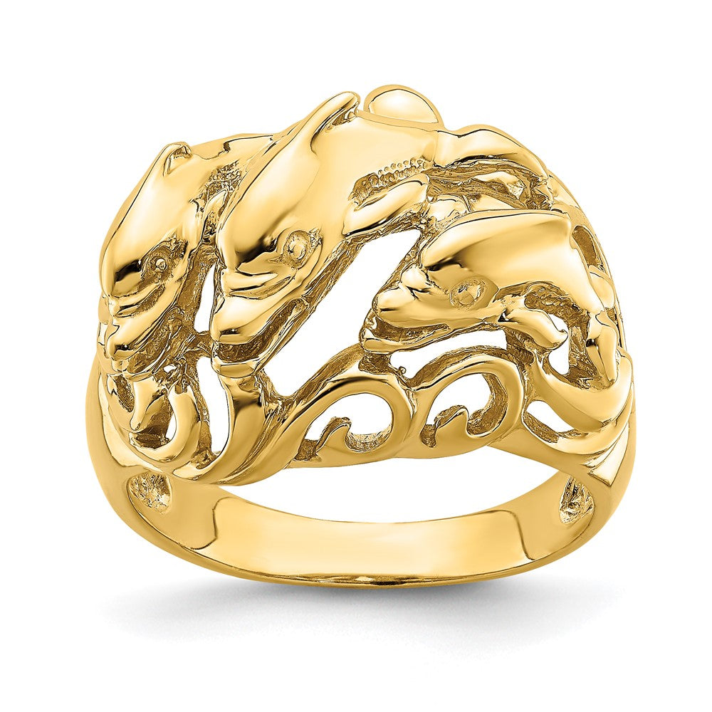 14K Yellow Gold Polished Dolphins In Waves Ring
