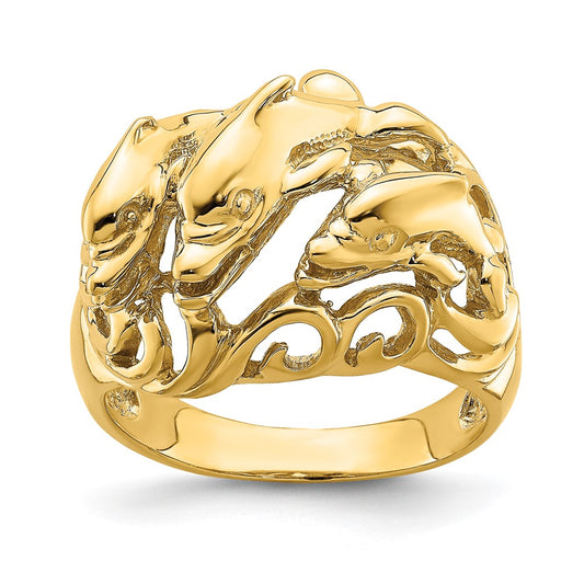 14K Yellow Gold Polished Dolphins In Waves Ring