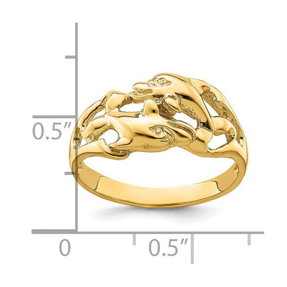14K Yellow Gold Polished Double Dolphins Swimming Ring