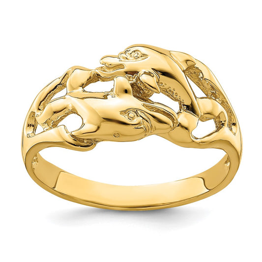 14K Yellow Gold Polished Double Dolphins Swimming Ring