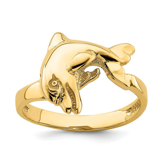 14K Yellow Gold Polished Horizontal Jumping Dolphin Ring