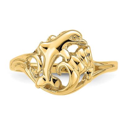 14K Yellow Gold Polished Dolphin Jumping In Wave Ring