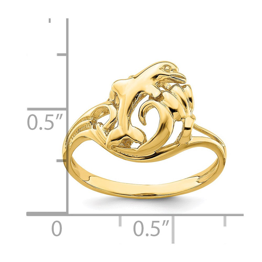 14K Yellow Gold Polished Dolphin Jumping In Wave Ring
