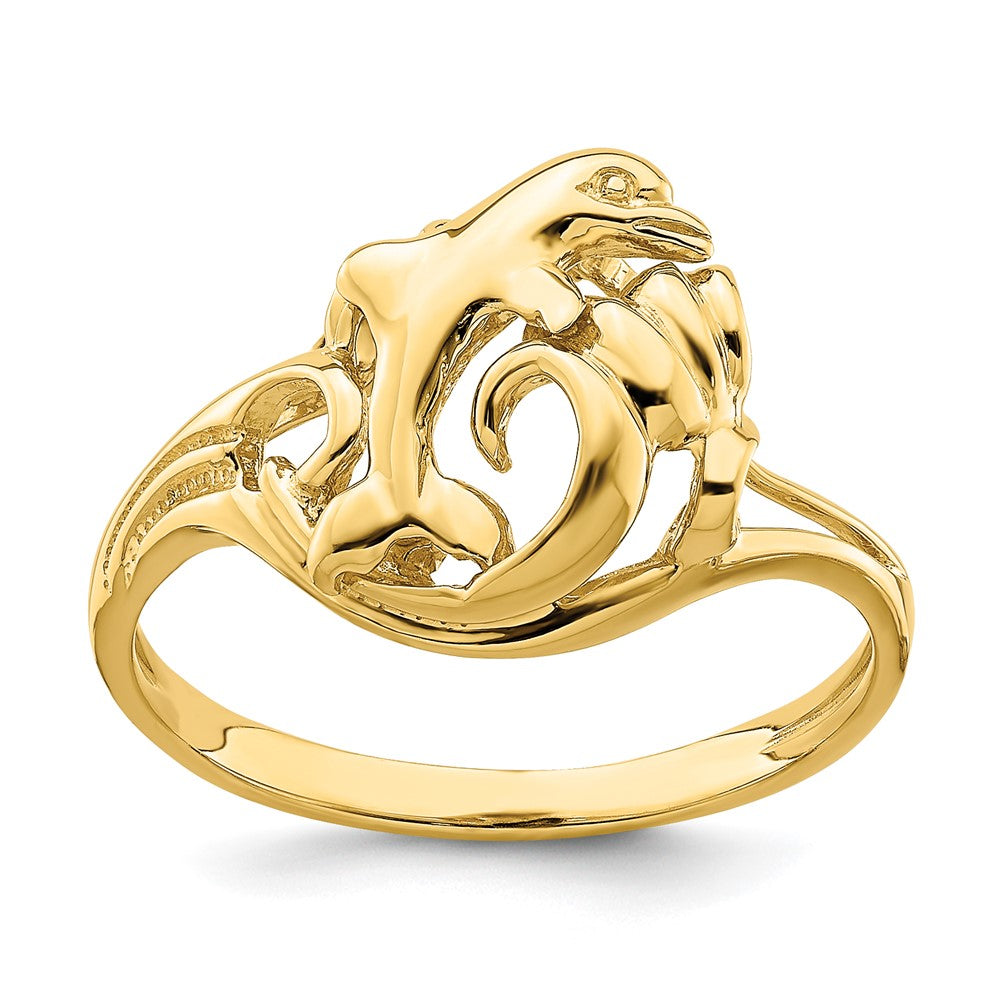 14K Yellow Gold Polished Dolphin Jumping In Wave Ring