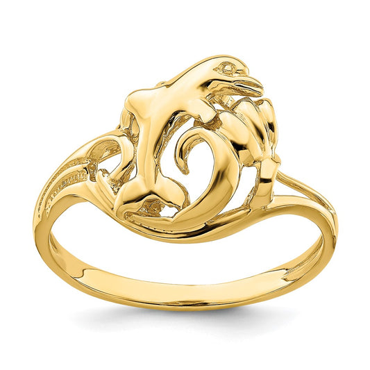14K Yellow Gold Polished Dolphin Jumping In Wave Ring